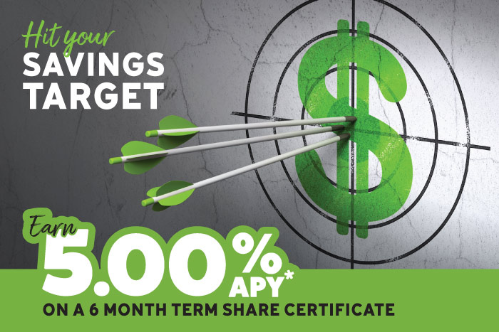 Hit Your Savings Target. Earn 5.00% APY* on a 6 month Term Share Certificate. Image of arrows hitting a bullseye