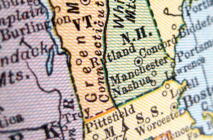 colorful map showing Vermont, New Hampshire, New York, and Massachusetts