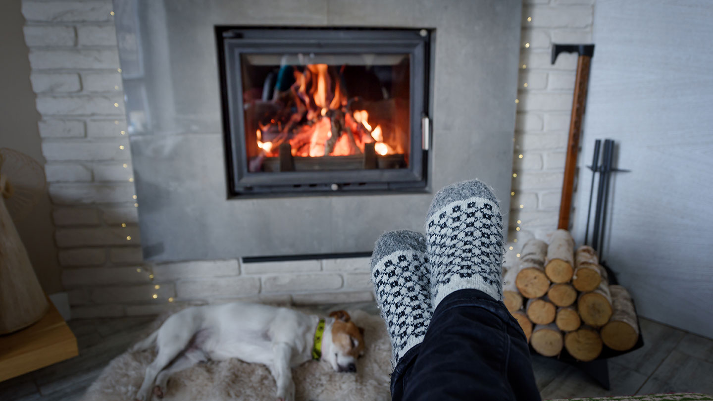 Burning fireplace and socked feet with dog